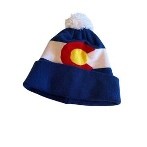 Colorado Flag Pom Beanie Hat Adult Size By Turtlefur Blue White Red Yellow